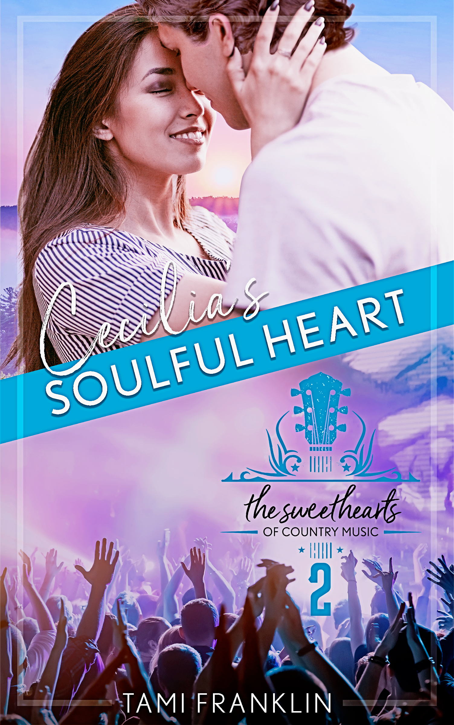 Ein Paar hält sich liebevoll vor einem warmen Sonnenuntergang, während unten eine Konzertmenge feiert. Titel „Cecilia’s Soulful Heart“.