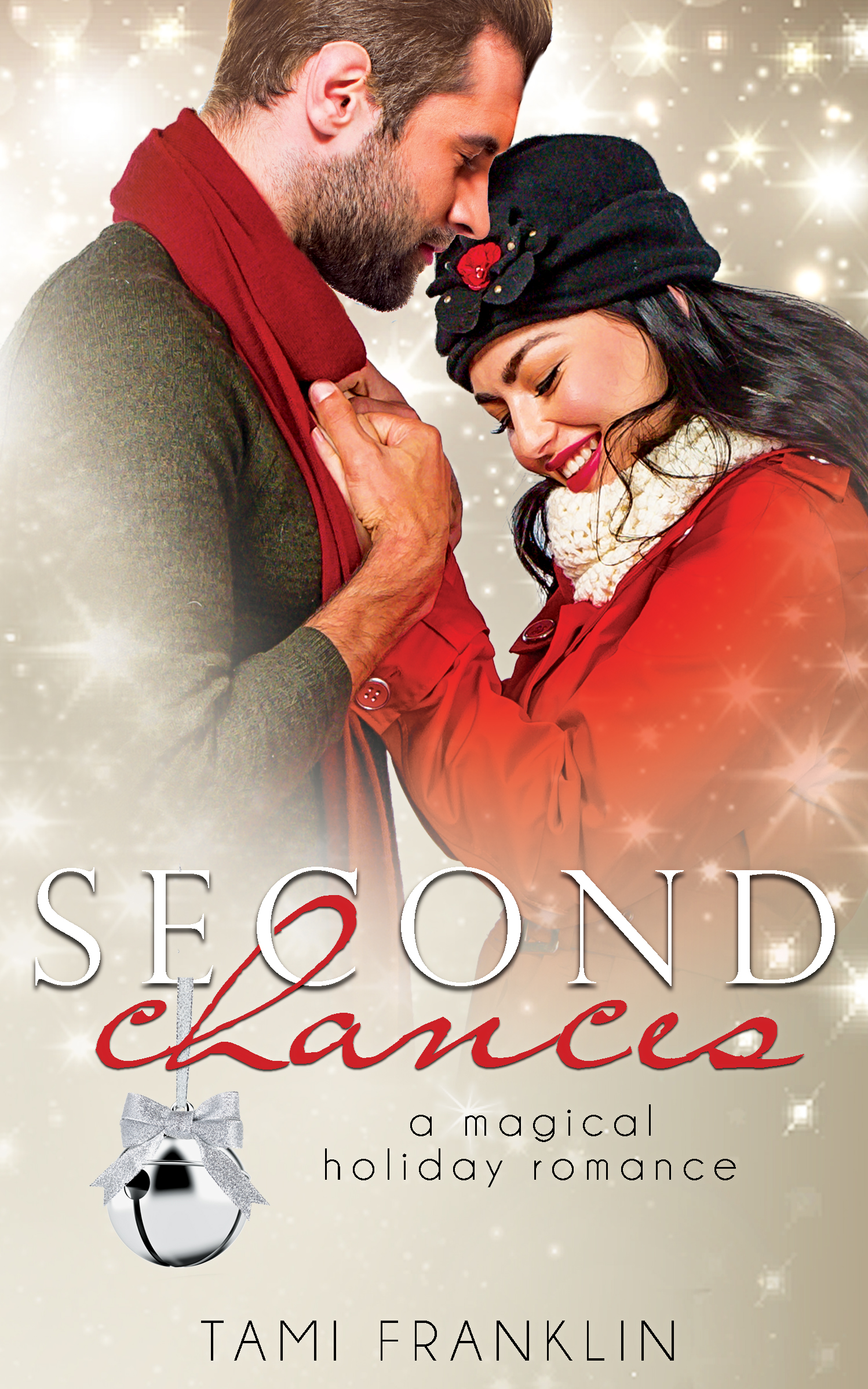 Ein Paar in warmen Wintermänteln steht eng beieinander und lächelt, umgeben von festlichen Lichtreflexen. Titel „Second Chances“.