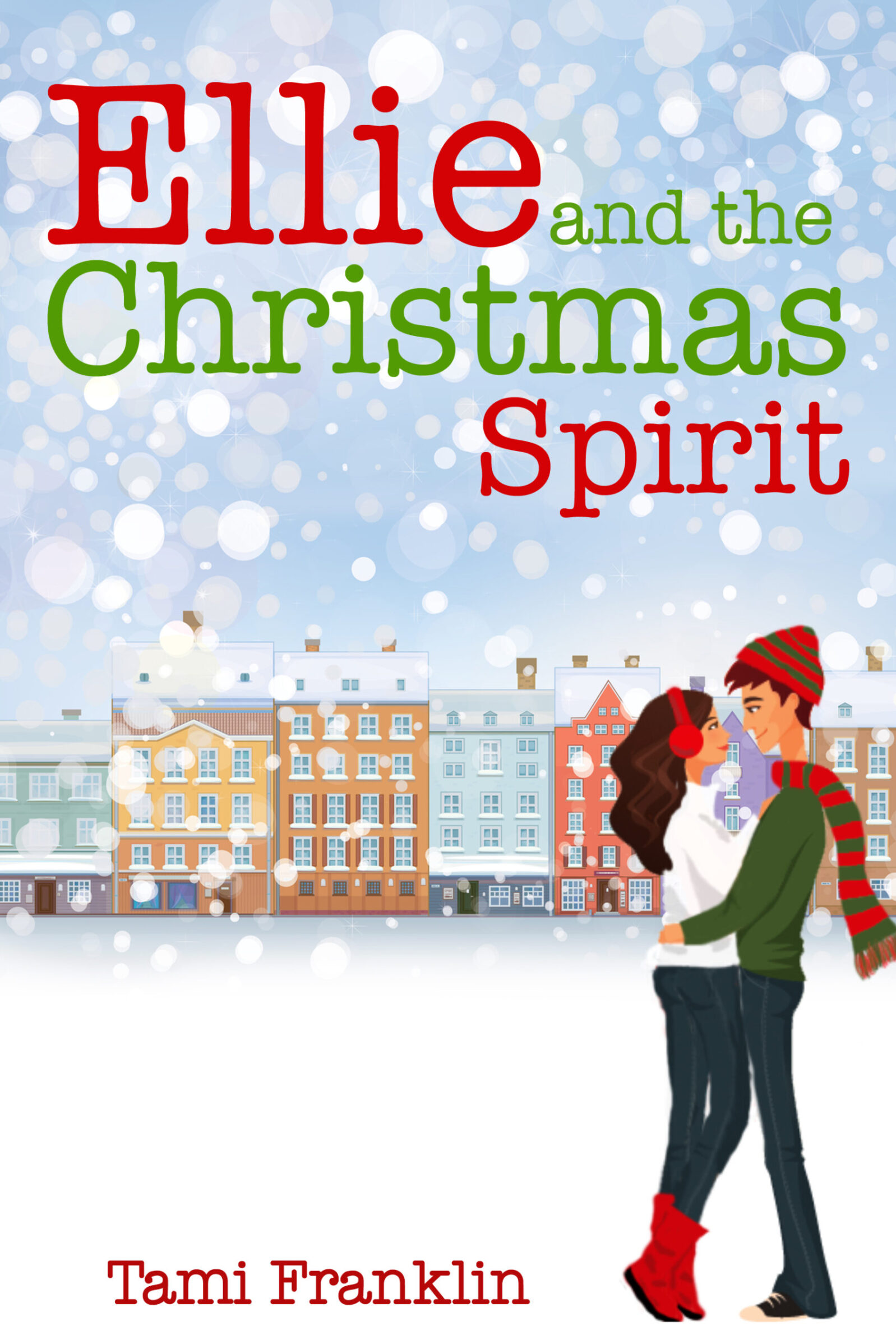 Ein gezeichnetes Paar in Winterkleidung steht vor einer Reihe bunter, verschneiter Stadthäuser, während Schneeflocken fallen. Titel „Ellie and the Christmas Spirit“.