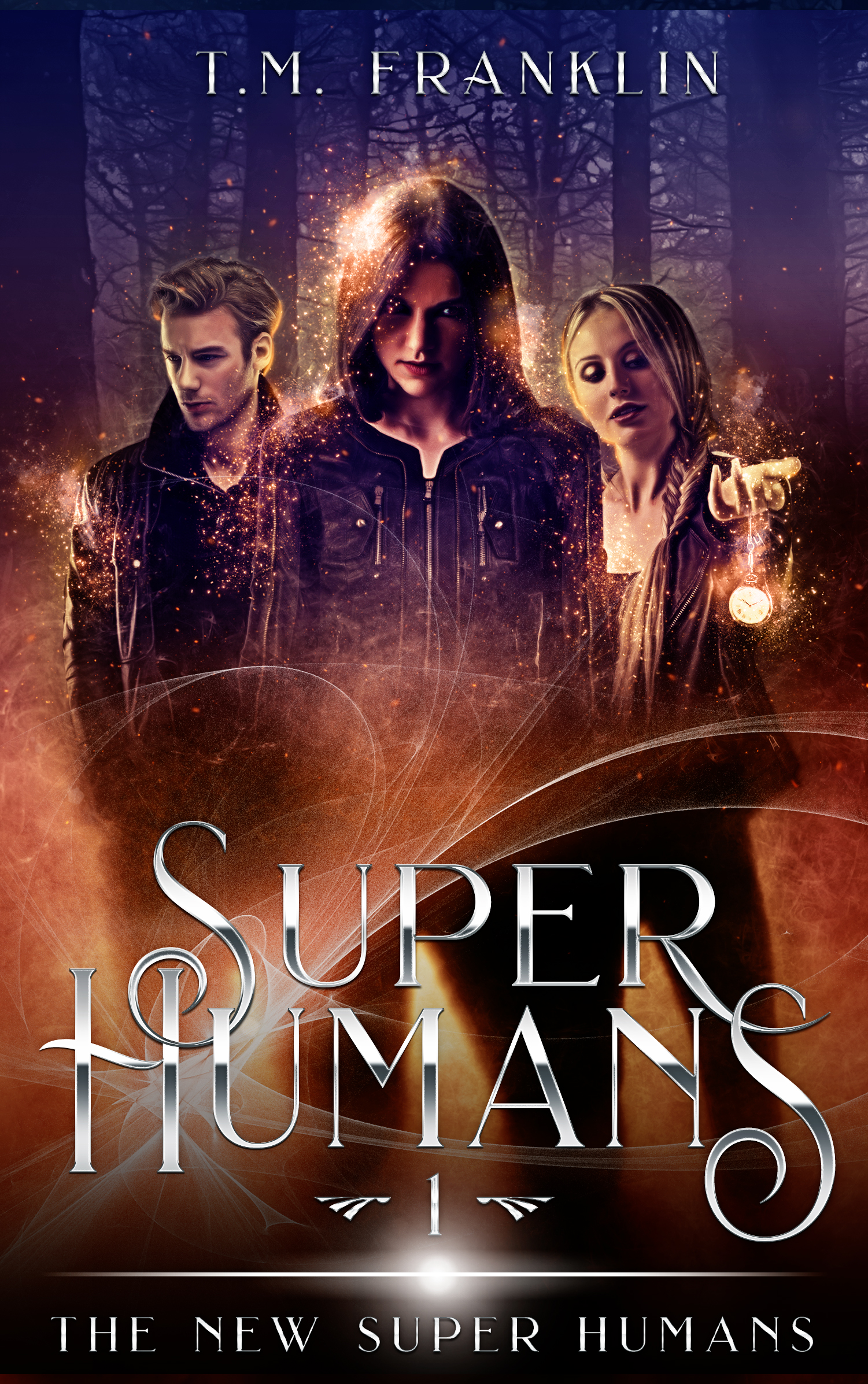 Drei junge Erwachsene stehen vor einem dunklen Wald, umgeben von schimmernder, magischer Energie. Der Titel „Super Humans“ ist in silberner Schrift dargestellt.