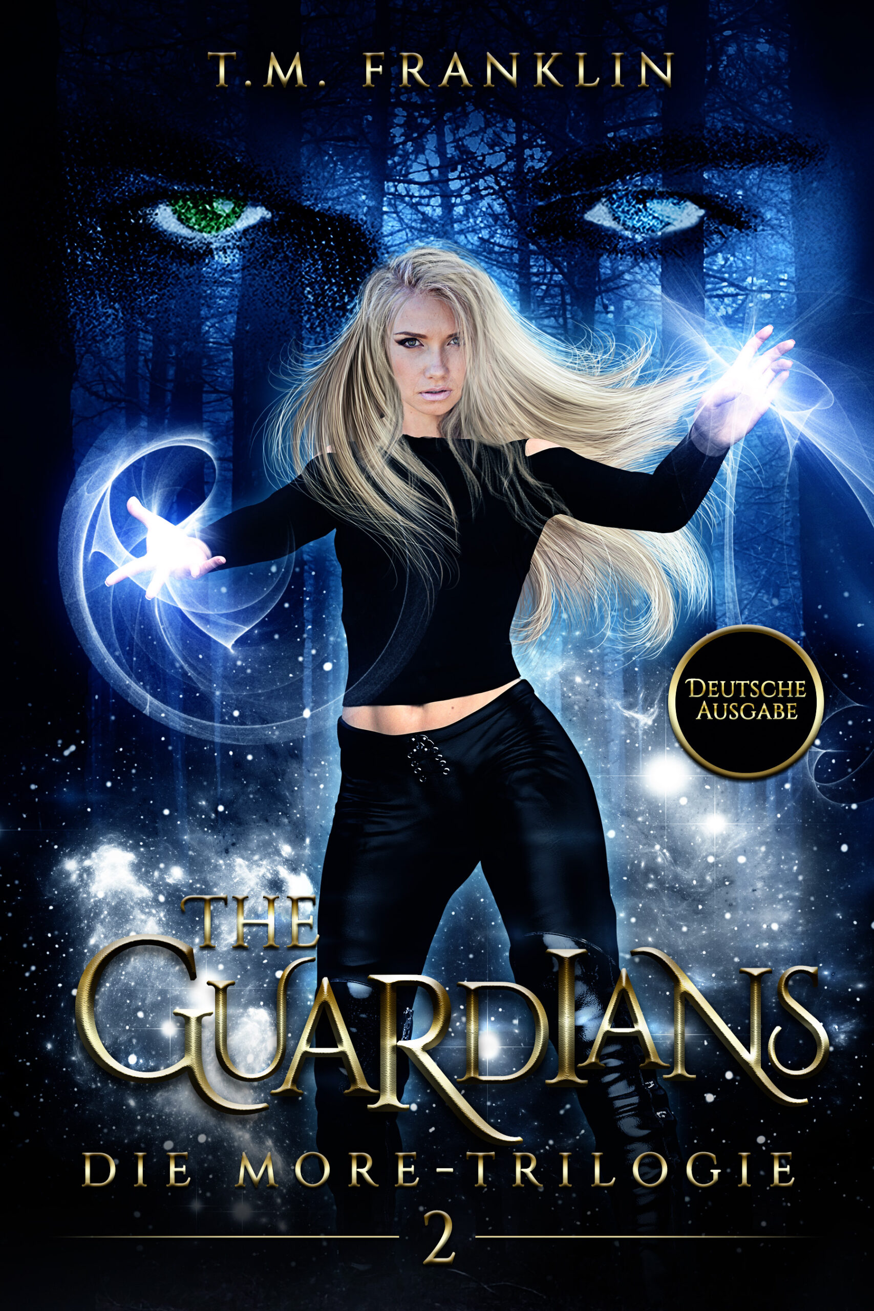 Blonde Frau wirkt Magie im Wald, goldener Titel „The Guardians“.